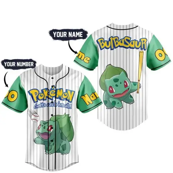 Custom Pokémon Bulbasaur Baseball Jersey – Personalize Name & Number – Perfect Gift For Fans Image