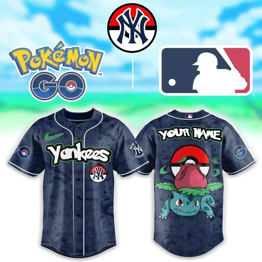 Custom Pokémon Yankees Baseball Jersey - Personalized Name & Ivysaur Design Image