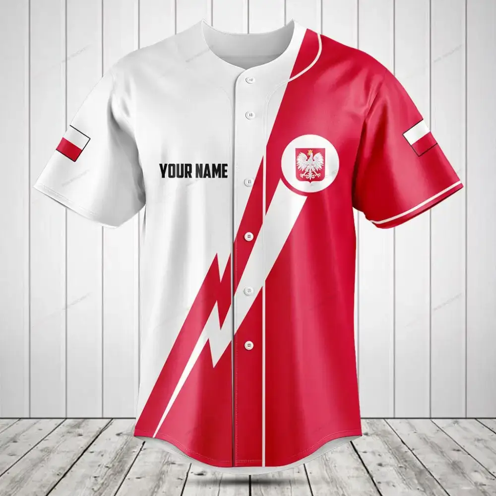 Custom Polish Flag Baseball Jersey – Personalized Name & Number – Red/White Design Image