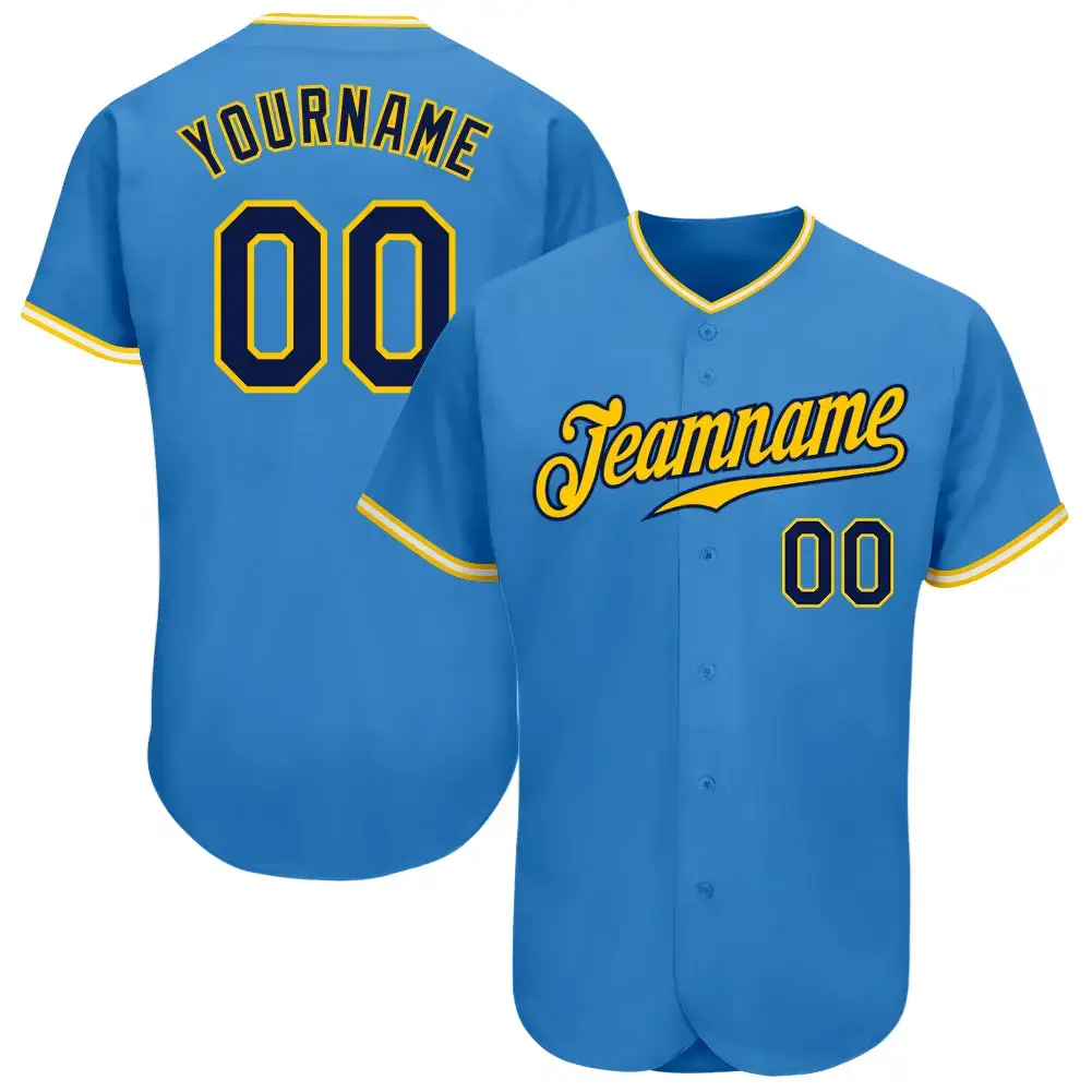 Custom Powder Blue Navy Gold-White Authentic Baseball Jersey Image