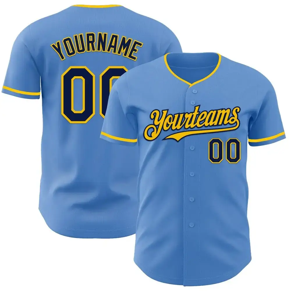 Custom Powder Blue Navy-Yellow Authentic Baseball Jersey Image