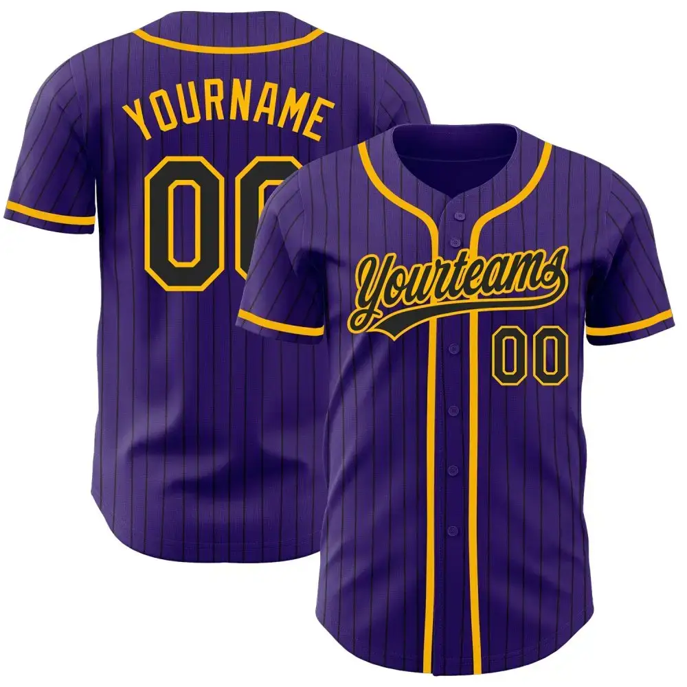 Custom Purple Black Pinstripe Black-Gold Authentic Baseball Jersey Image