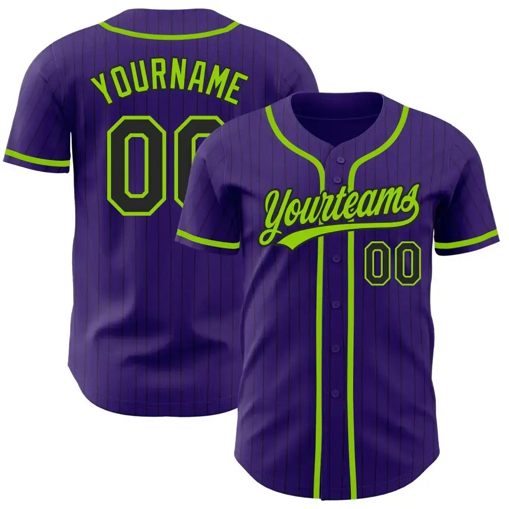 Custom Purple Black Pinstripe Neon Green Authentic Baseball Jersey Image