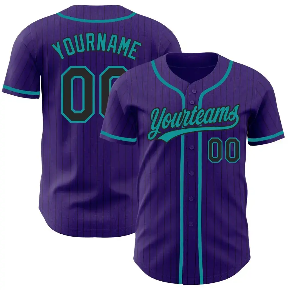 Custom Purple Black Pinstripe Teal Authentic Baseball Jersey Image