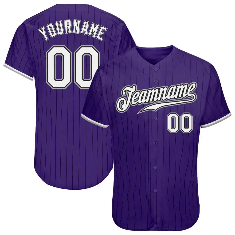 Custom Purple Black Pinstripe White-Gray Authentic Baseball Jersey Image