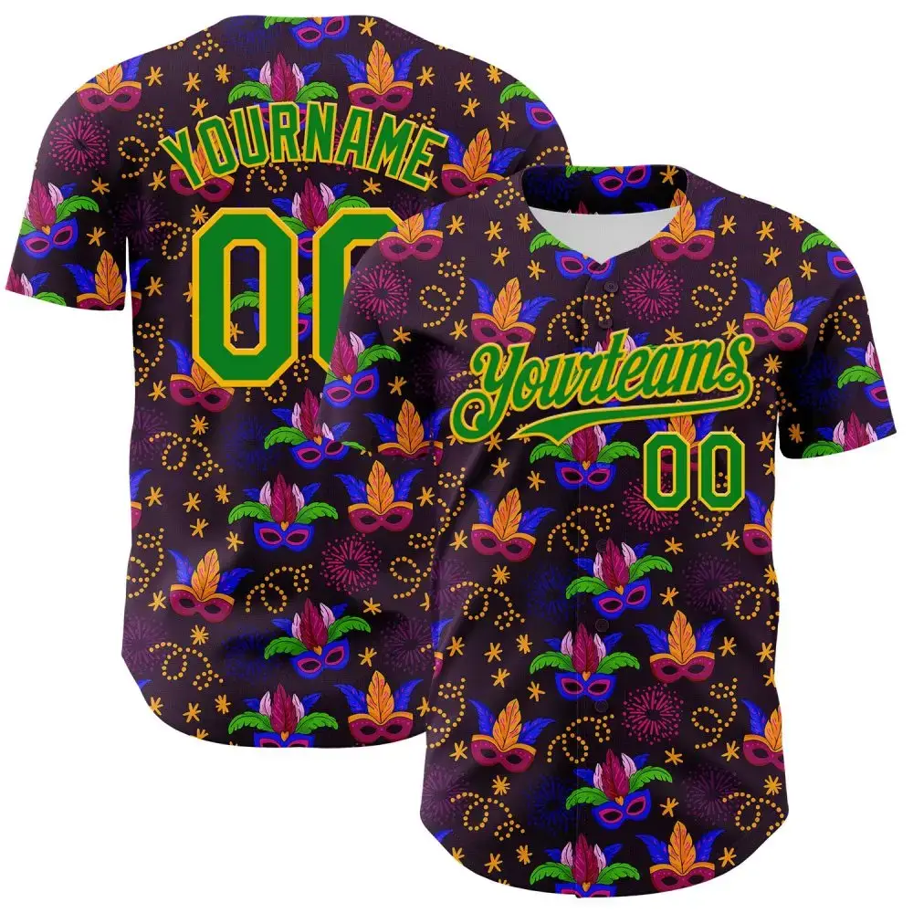 Custom Purple Grass Green-Gold 3D Pattern Design Mardi Gras Shrove Tuesday Authentic Baseball Jersey Image