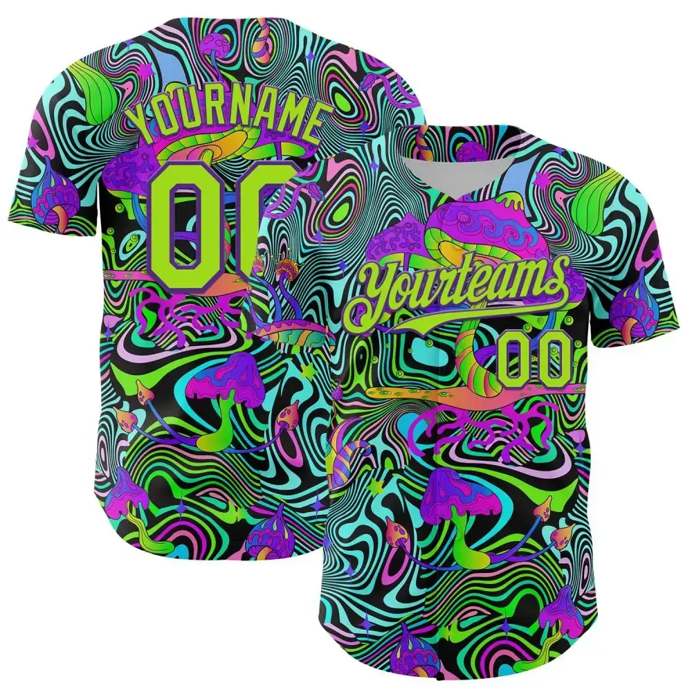 Custom Purple Neon Green 3D Pattern Design Trippy Groovy Magic Mushrooms Authentic Baseball Jersey Image