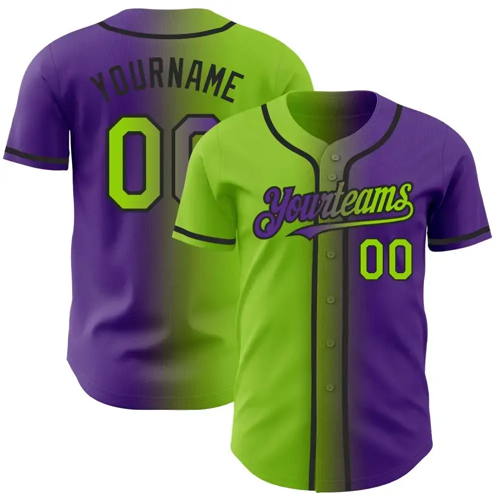 Custom Purple Neon Green-Black Authentic Gradient Fashion Baseball Jersey Image