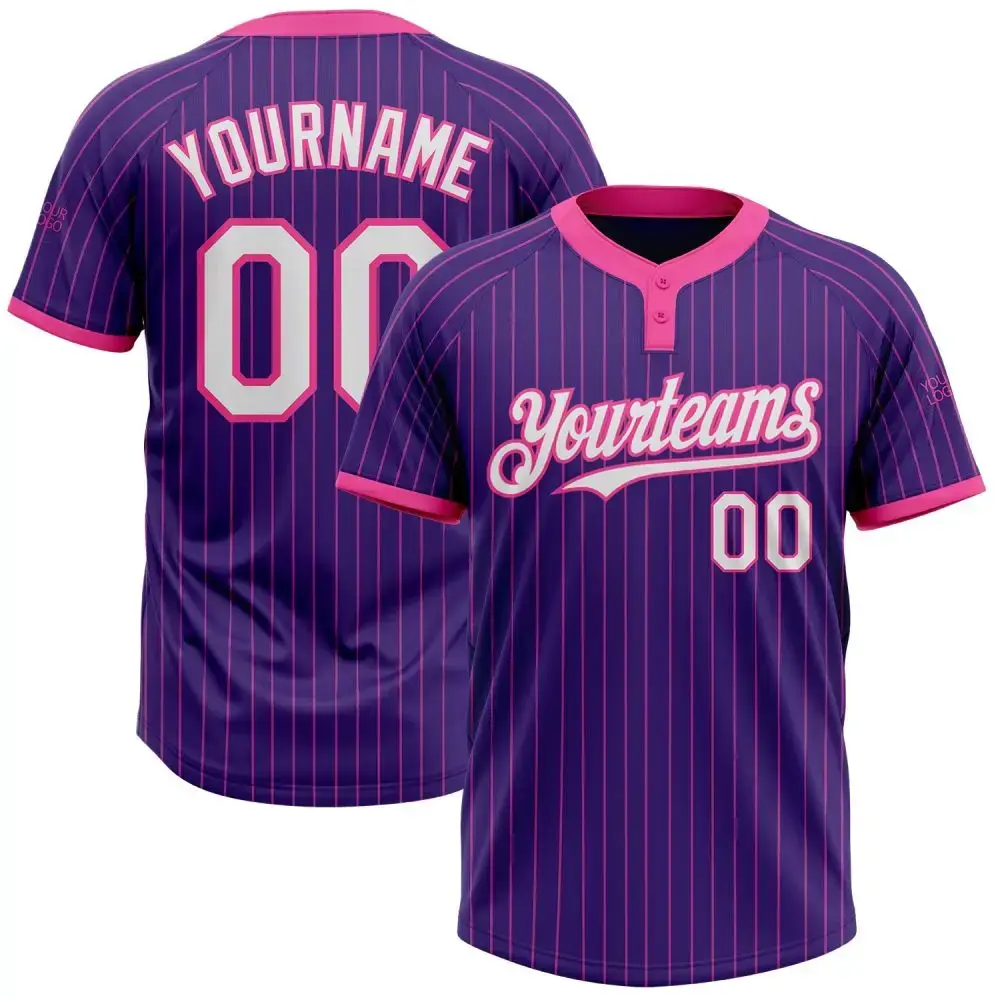 Custom Purple Pink Pinstripe White Two-Button Unisex Softball Jersey Image
