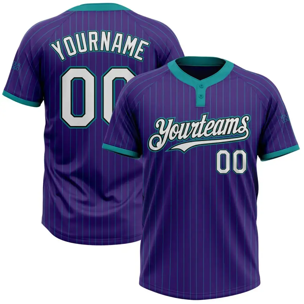 Custom Purple Teal Pinstripe White-Black Two-Button Unisex Softball Jersey Image