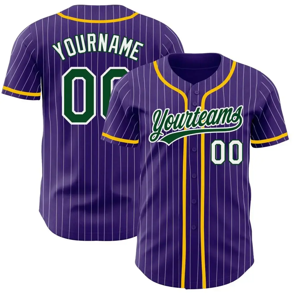 Custom Purple White Pinstripe Green Authentic Baseball Jersey Image