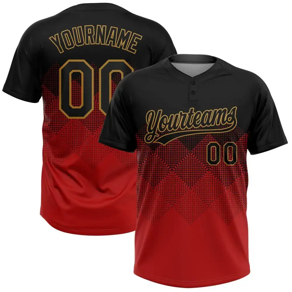 Custom Red Black-Old Gold 3D Pattern Gradient Square Shapes Two-Button Unisex Softball Jersey Image