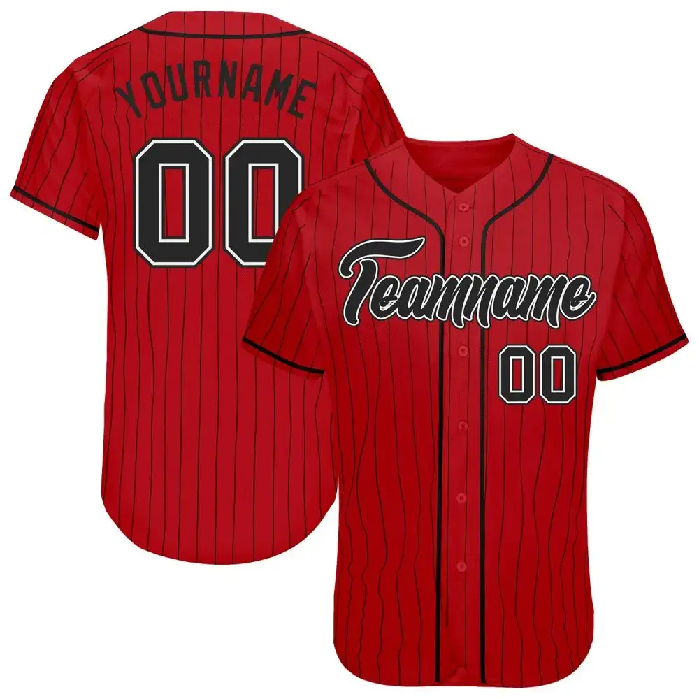 Custom Red Black Pinstripe Black-White Authentic Baseball Jersey Image