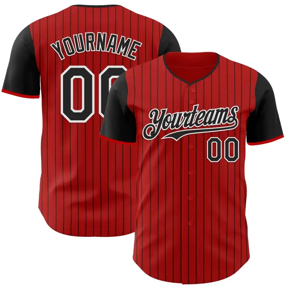 Custom Red Black Pinstripe White Authentic Two Tone Baseball Jersey Image