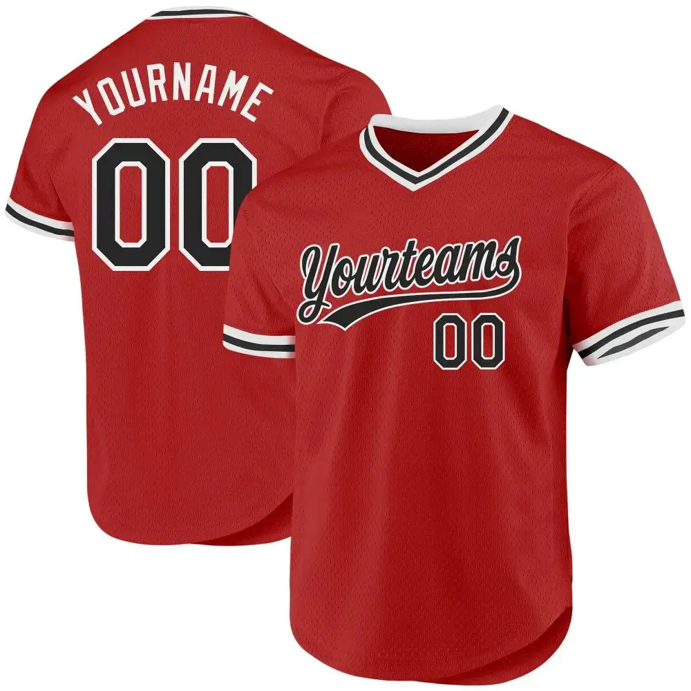 Custom Red Black-White Authentic Throwback Baseball Jersey Image