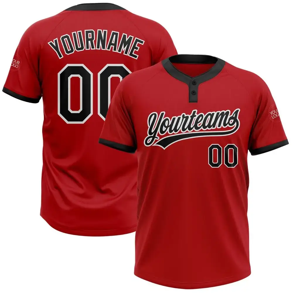 Custom Red Black-White Two-Button Unisex Softball Jersey Image