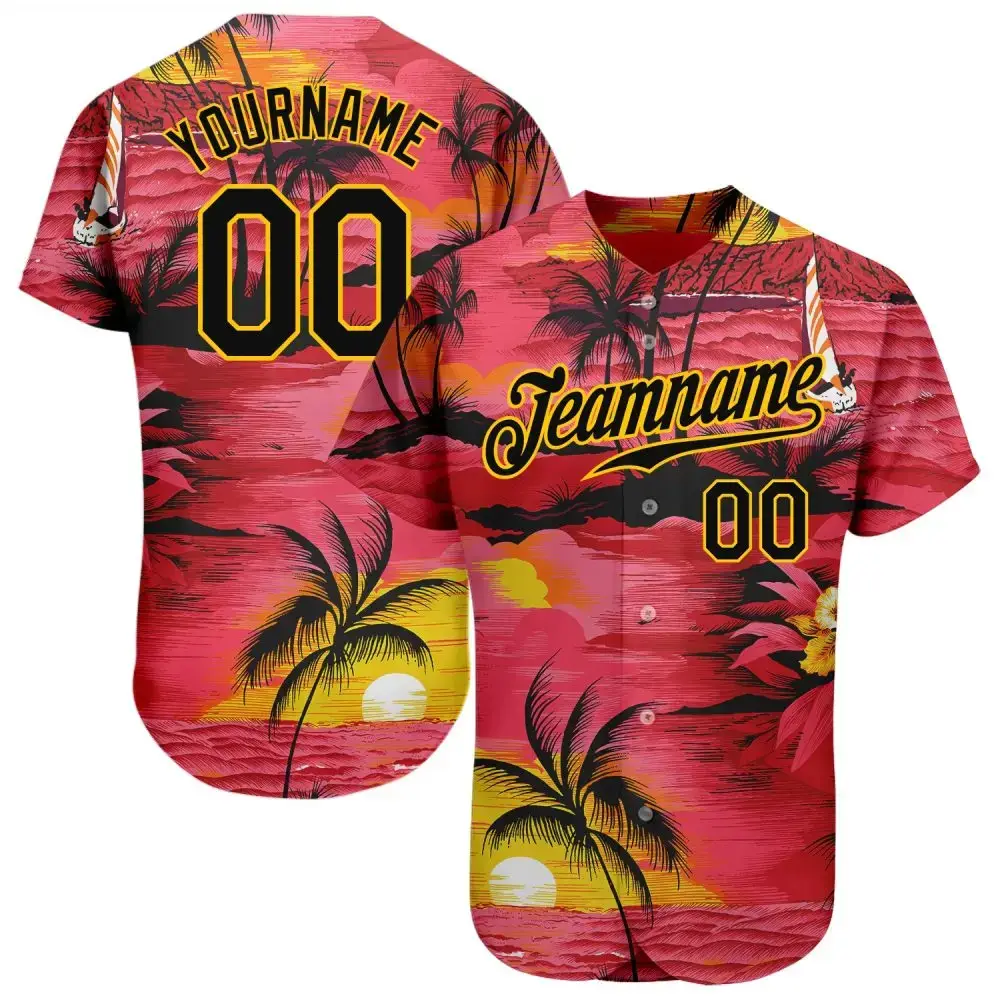 Custom Red Black-Yellow 3D Pattern Design Sun Beach Hawaii Palm Trees Authentic Baseball Jersey Image