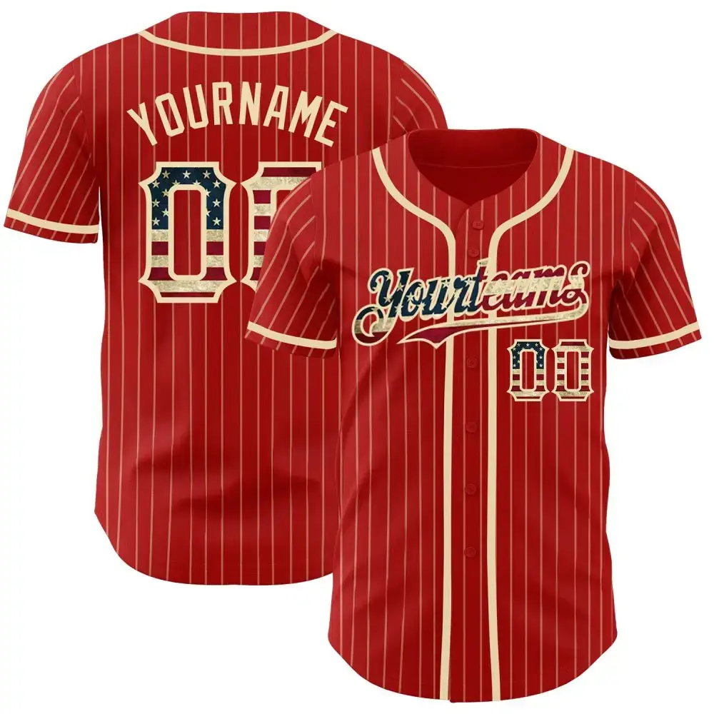 Custom Red Cream Pinstripe Vintage Usa Flag Authentic Baseball Jersey Image