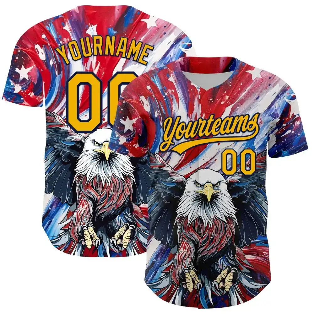 Custom Red Gold-Navy 3D American Flag Eagle And Star Authentic Baseball Jersey Image