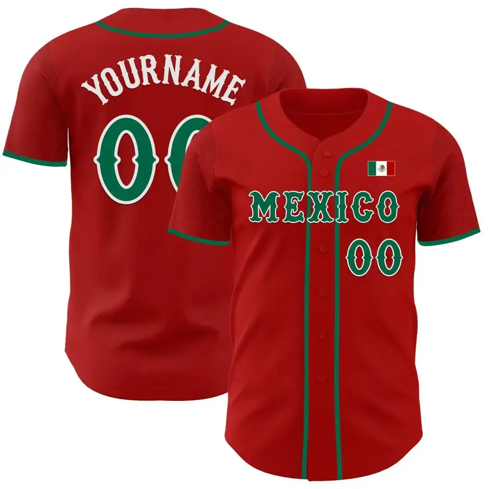 Custom Red Kelly Green-White 3D Mexico Mexican Flag Authentic Baseball Jersey Image