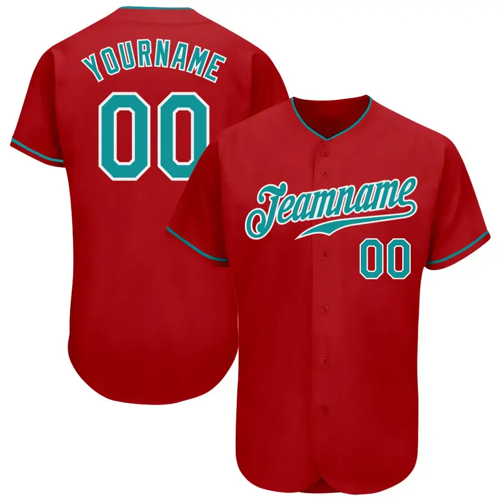 Custom Red Teal-White Authentic Baseball Jersey Image