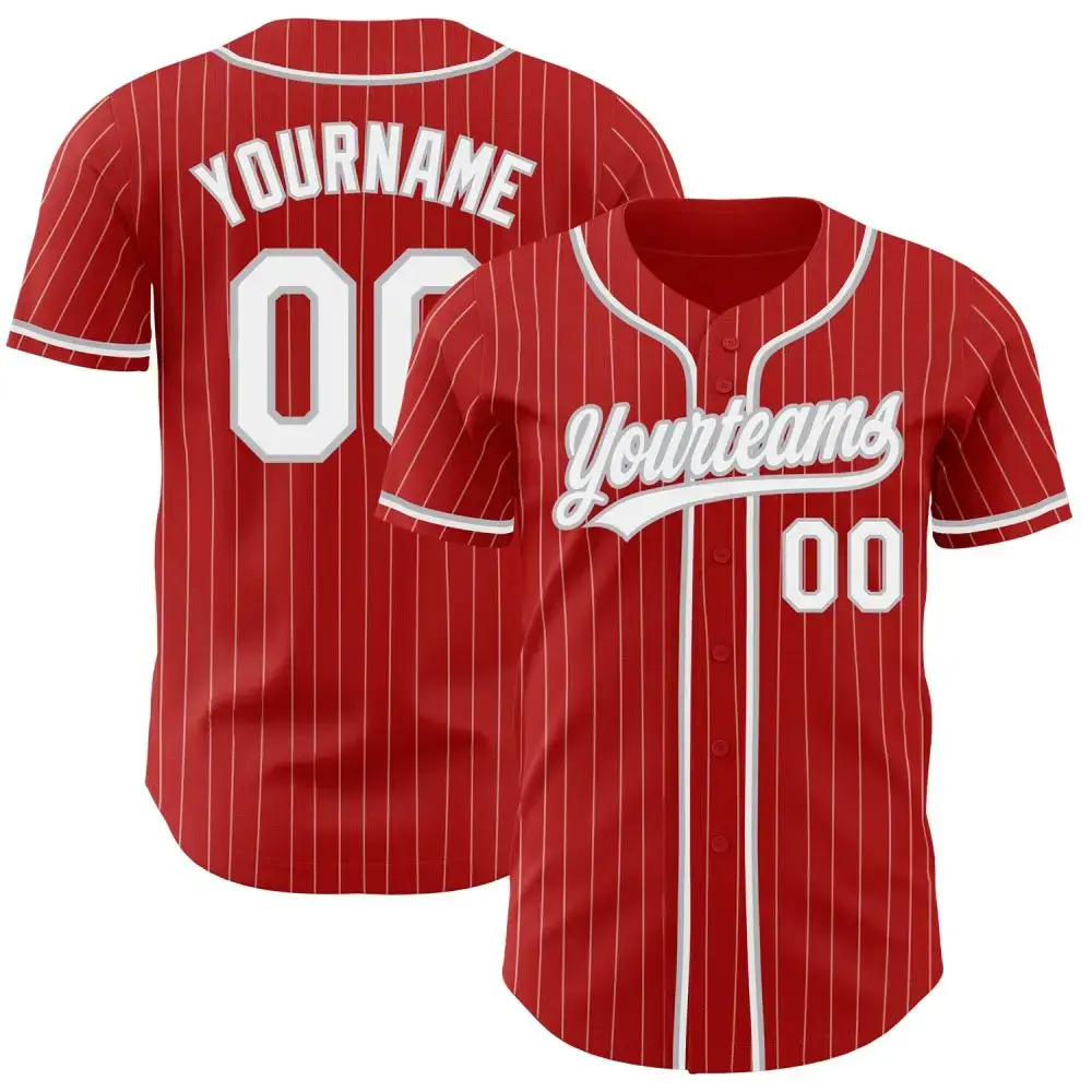 Custom Red White Pinstripe Gray Authentic Baseball Jersey Image