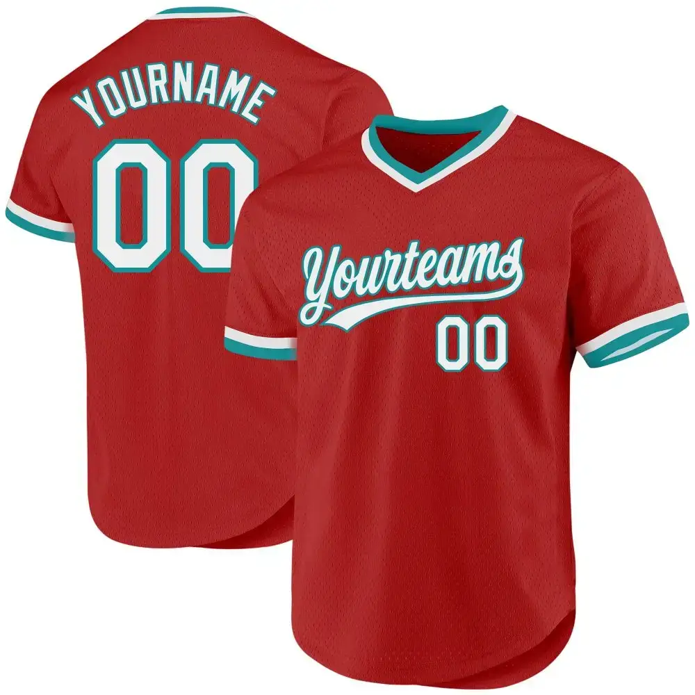 Custom Red White-Teal Authentic Throwback Baseball Jersey Image