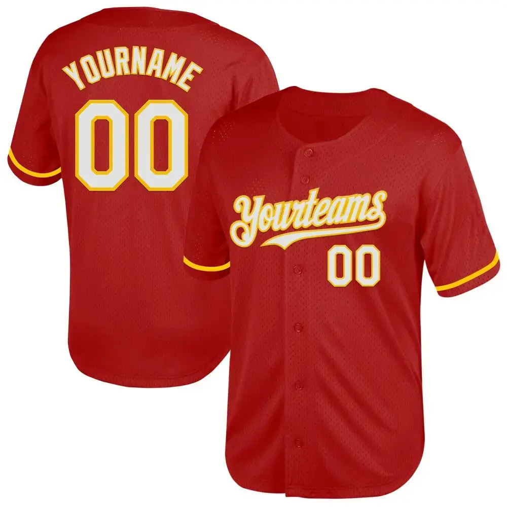 Custom Red White-Yellow Mesh Authentic Throwback Baseball Jersey Image