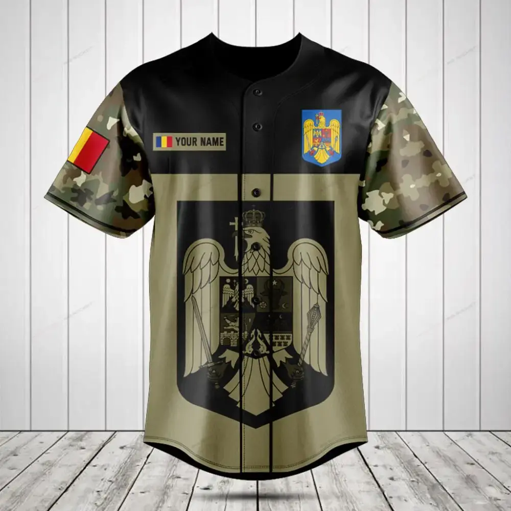Custom Romanian Flag Baseball Jersey - Personalized Military Camo Design Image
