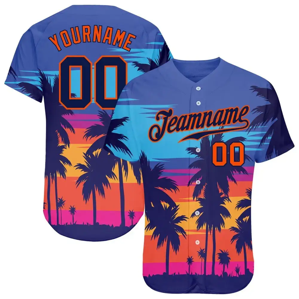 Custom Royal Navy-Orange 3D Pattern Design Palm Trees Authentic Baseball Jersey Image