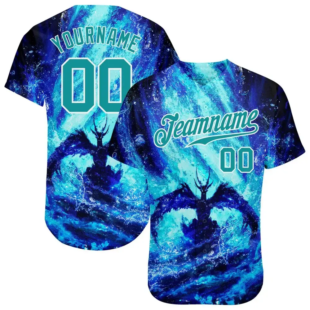 Custom Royal Teal-White 3D Pattern Design Water Dragon Authentic Baseball Jersey Image