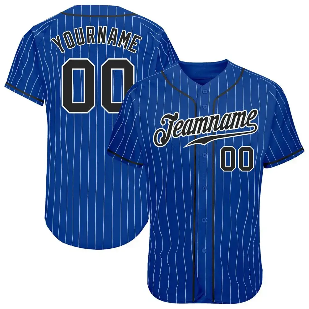 Custom Royal White Pinstripe Black-White Authentic Baseball Jersey Image