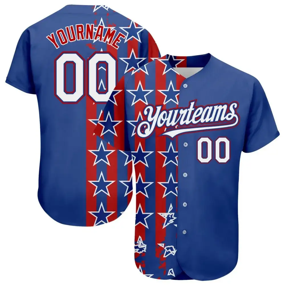 Custom Royal White Red 3D American Flag Authentic Baseball Jersey Image