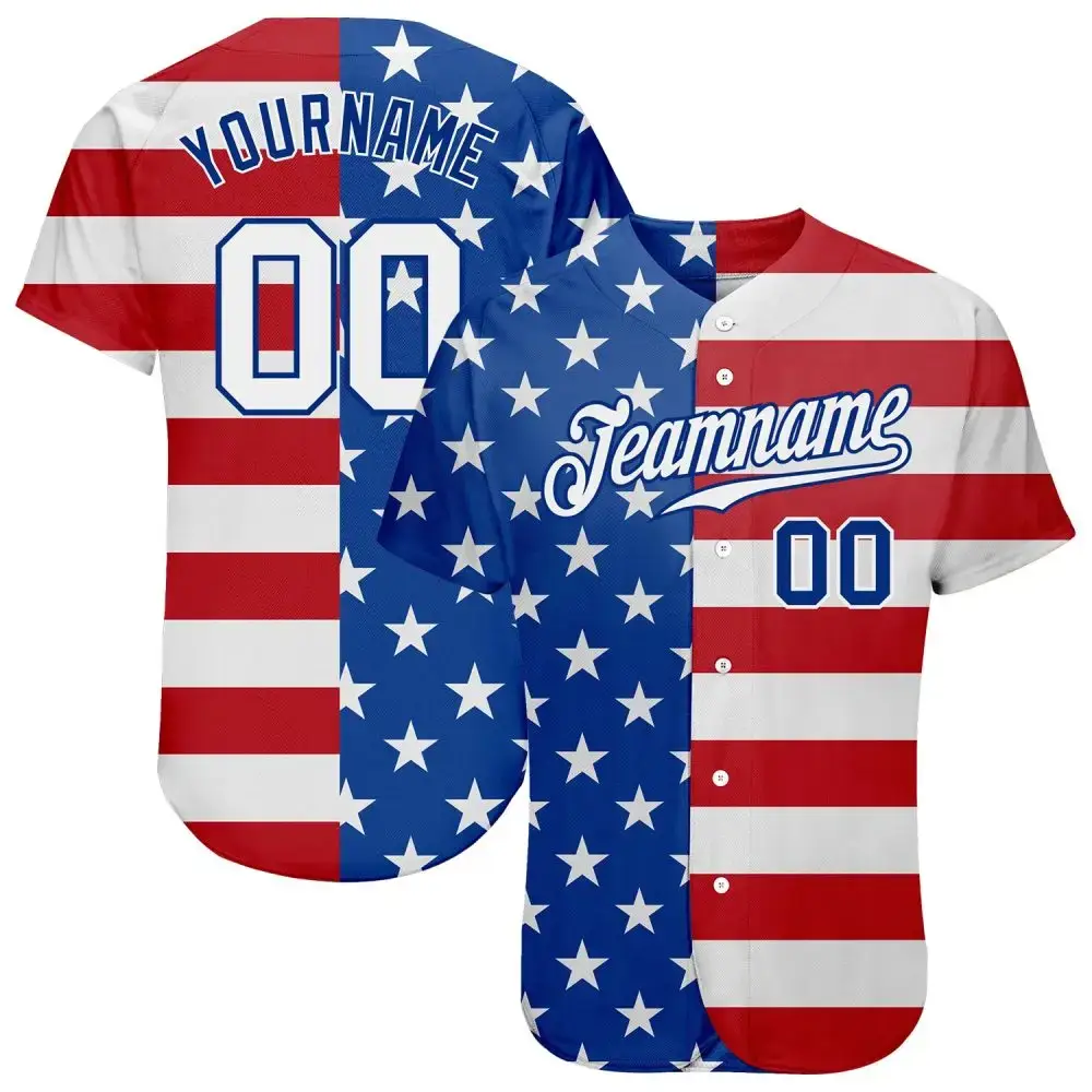Custom Royal White-Red American Flag Fashion Authentic Baseball Jersey Image