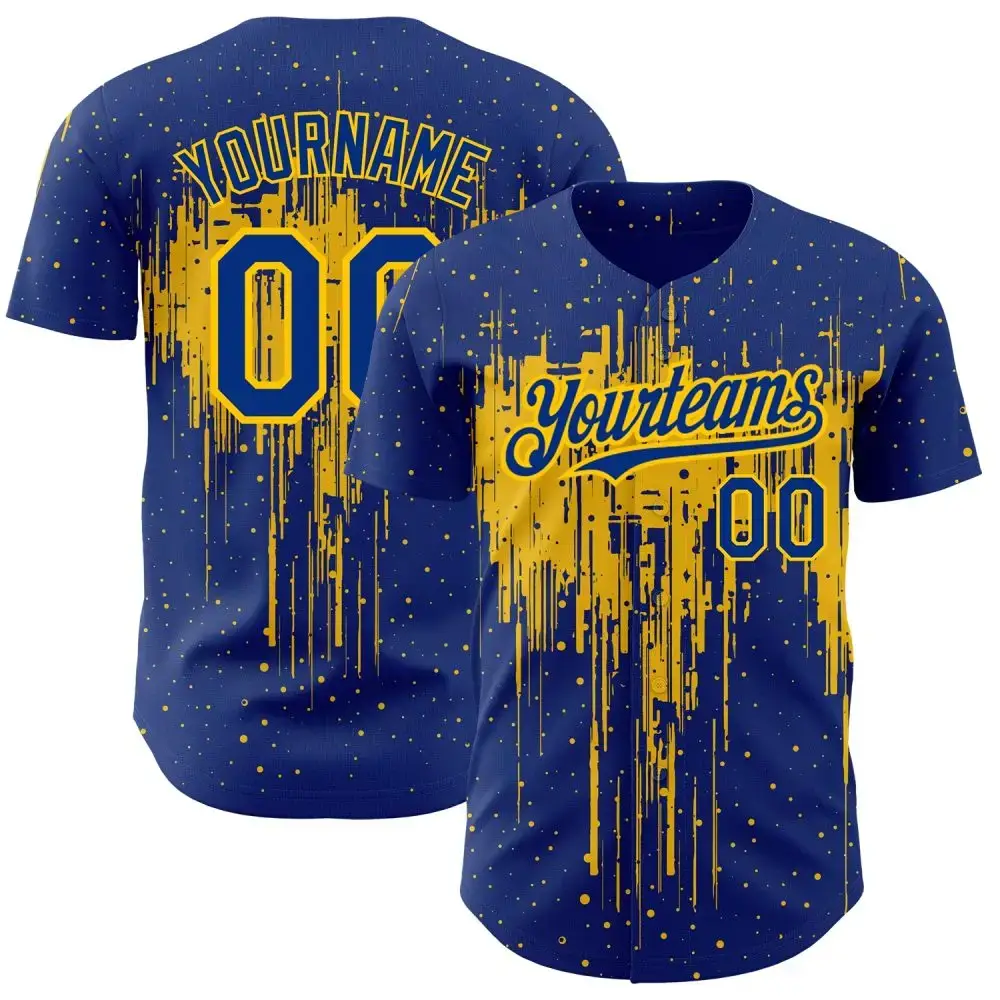 Custom Royal Yellow 3D Pattern Design Dripping Splatter Art Authentic Baseball Jersey Image