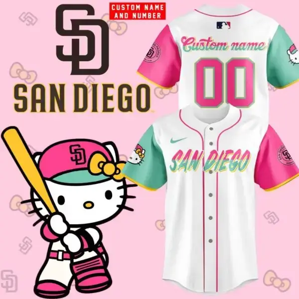 Custom San Diego Baseball Jersey - Hello Kitty Design, Personalize Name & Number Image