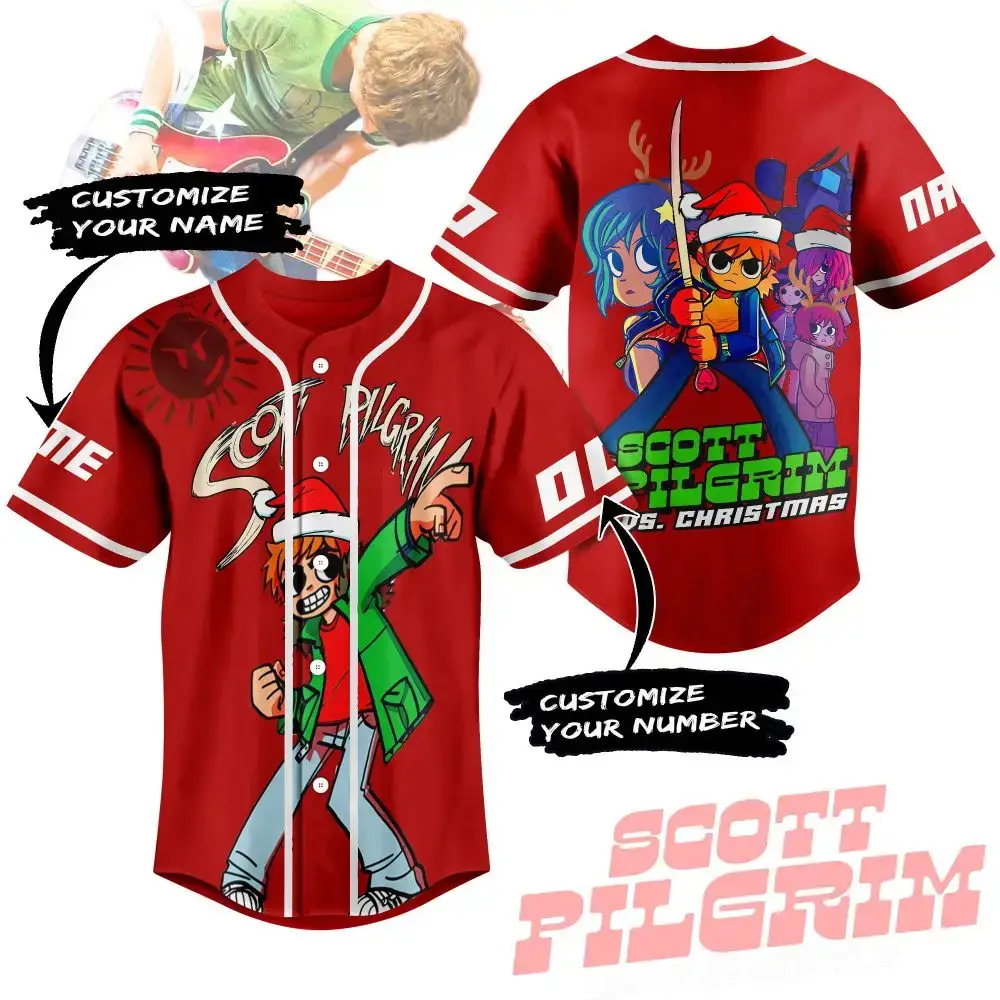 Custom Scott Pilgrim Baseball Jersey - Personalized Name & Number, Vibrant Red Design Image