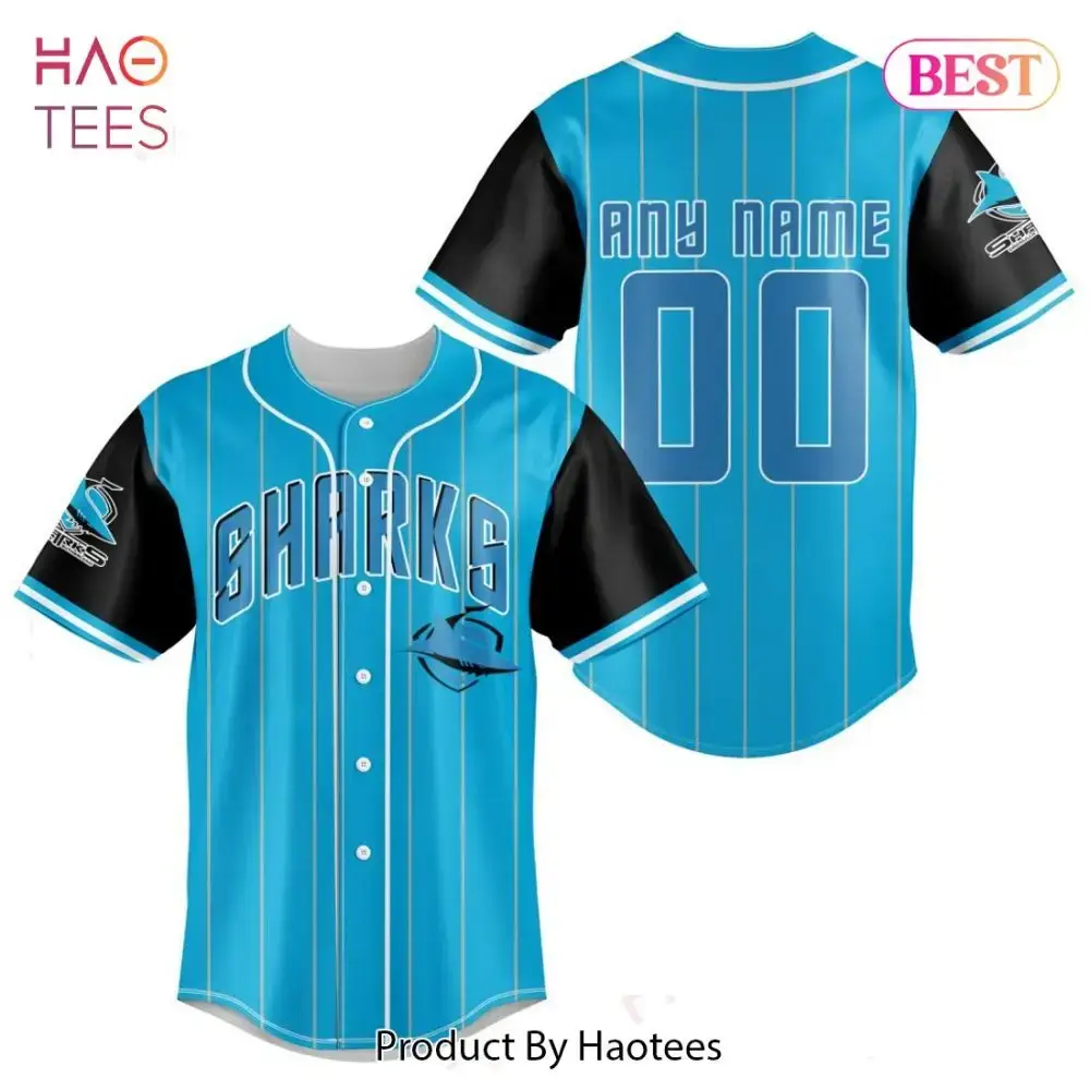 Custom Sharks Baseball Jersey – Personalized Name & Number, Blue & Black Design Image