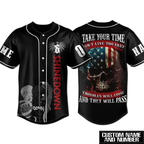 Custom Shinedown Baseball Jersey - Personalized Name & Number, Skull & Flag Design Image