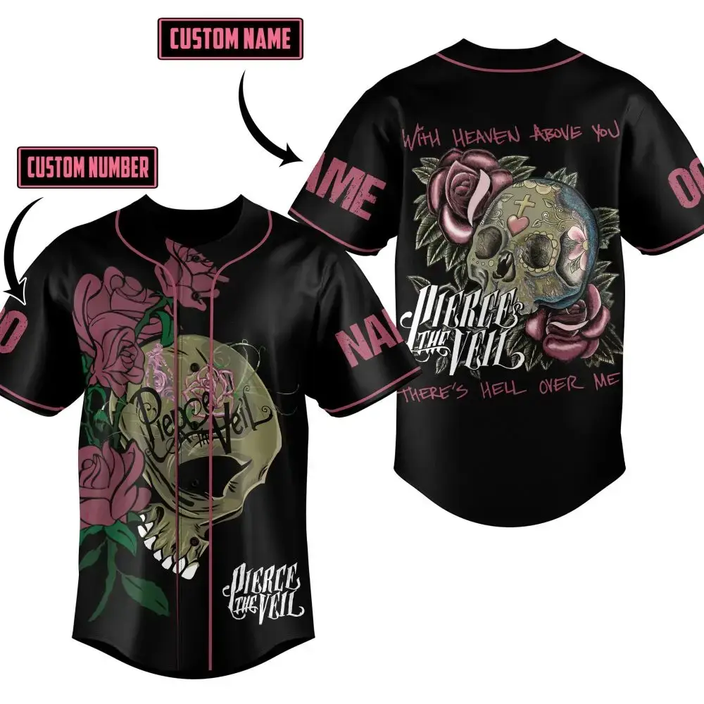 Custom Skull Rose Baseball Jersey - Personalized Name & Number - Stylish Gothic Apparel Image