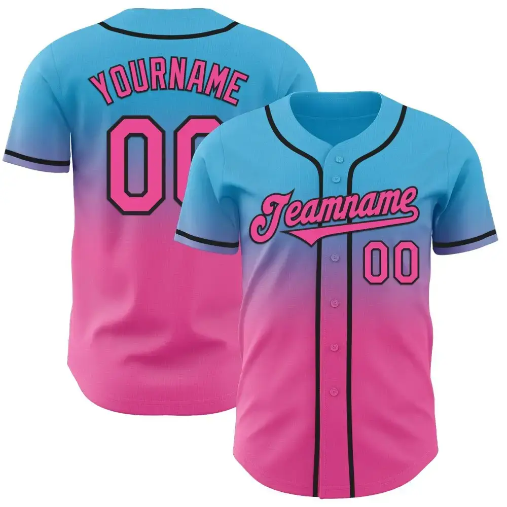 Custom Sky Blue Pink-Black Authentic Fade Fashion Baseball Jersey Image