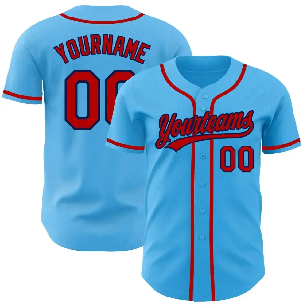 Custom Sky Blue Red-Navy Authentic Baseball Jersey Image