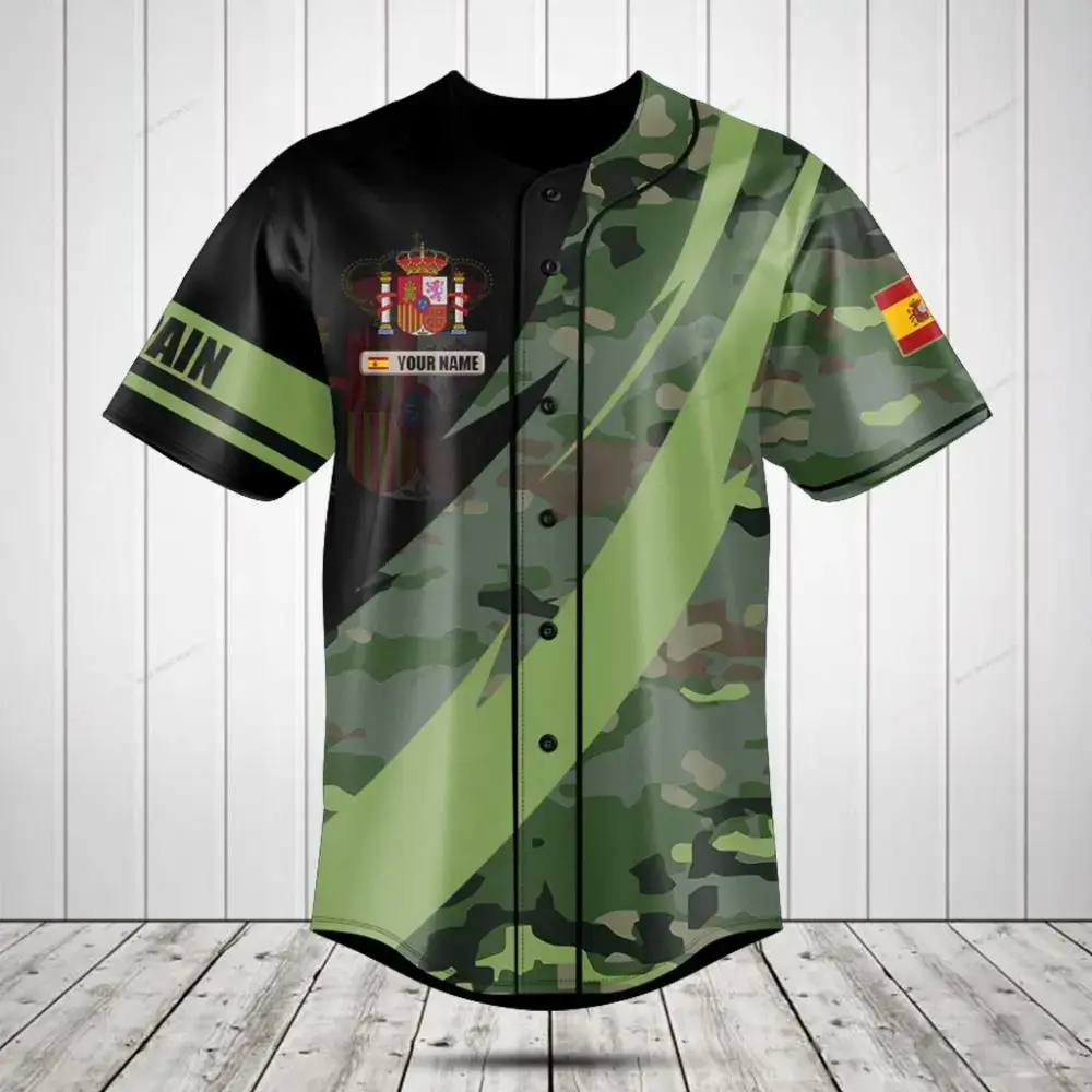 Custom Spain Camo Baseball Jersey - Personalized Name & Flag Design Image