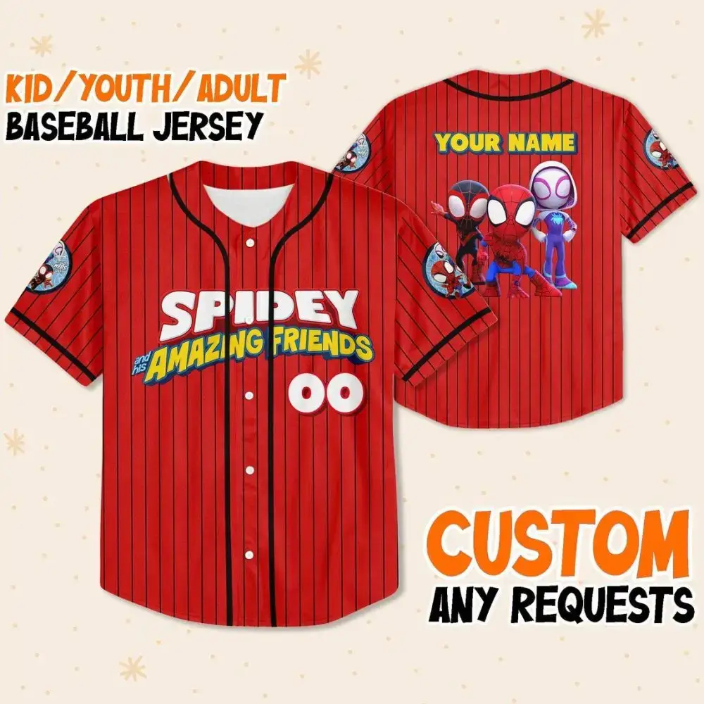Custom Spidey & Friends Baseball Jersey - Kids/Youth/Adult - Personalize With Your Name! Image