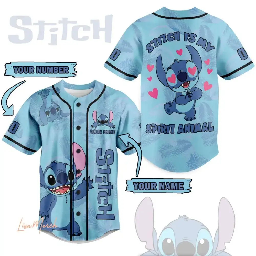 Custom Stitch Baseball Jersey - Personalize With Name & Number - Cute Blue Spirit Animal Design Image
