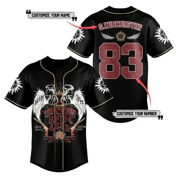 Custom Supernatural Baseball Jersey – Personalize Name & Number – Winchester Hunting Academy Design Image