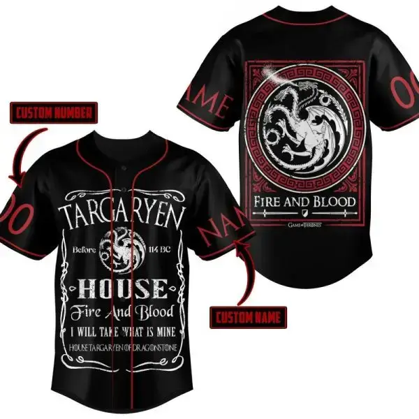 Custom Targaryen Baseball Jersey - Fire And Blood Design, Personalized Name & Number Image