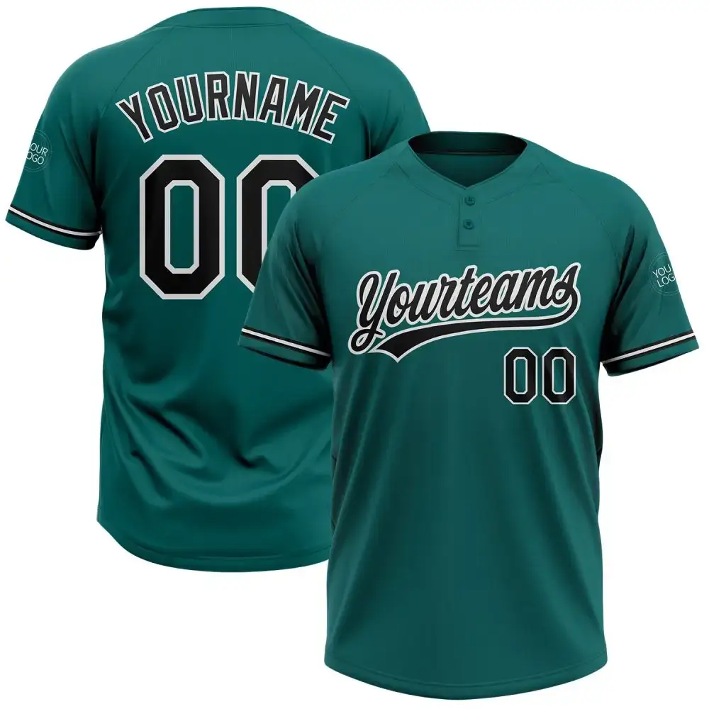 Custom Teal Black-White Two-Button Unisex Softball Jersey Image