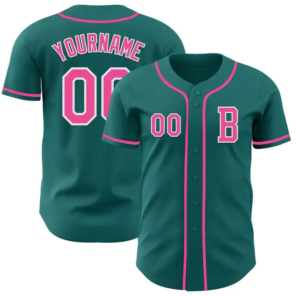 Custom Teal Pink-White Authentic Baseball Jersey Image