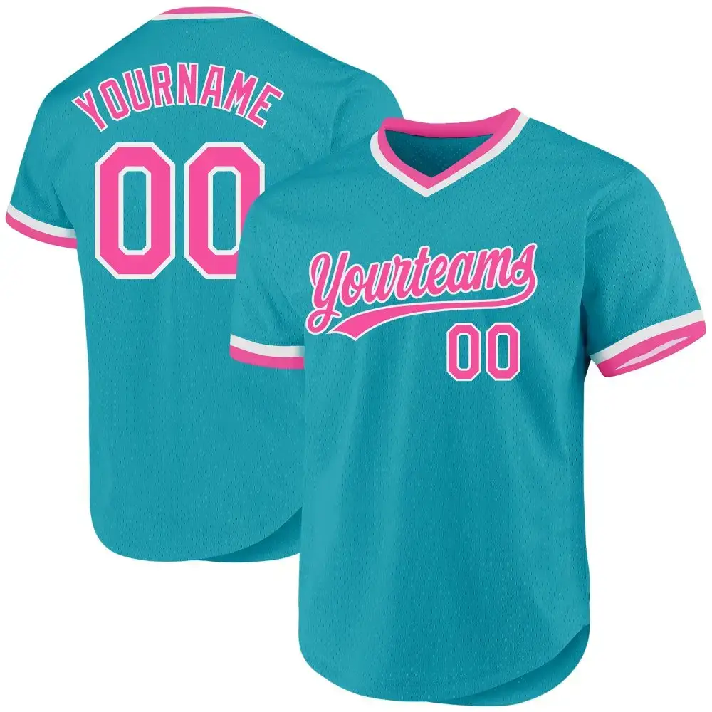 Custom Teal Pink-White Authentic Throwback Baseball Jersey Image